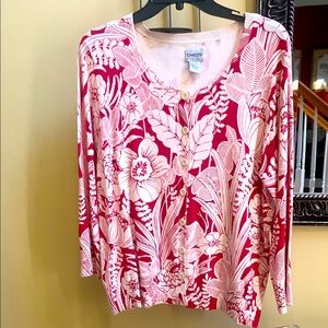 Chicos women's 3 fits sz large Red Cream floral silk blend 3/4 cardigan sweater